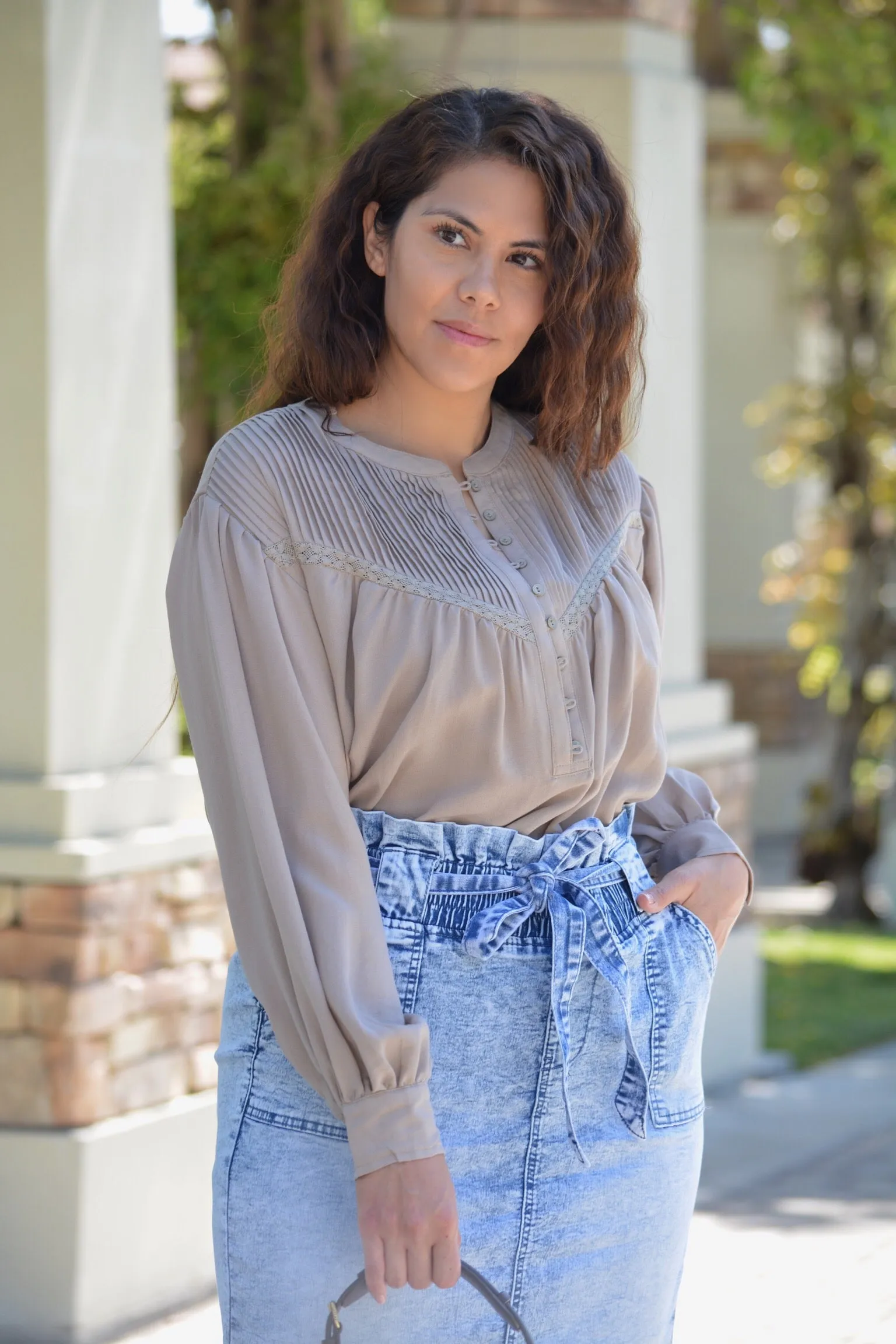 Adella Taupe Pintuck Top