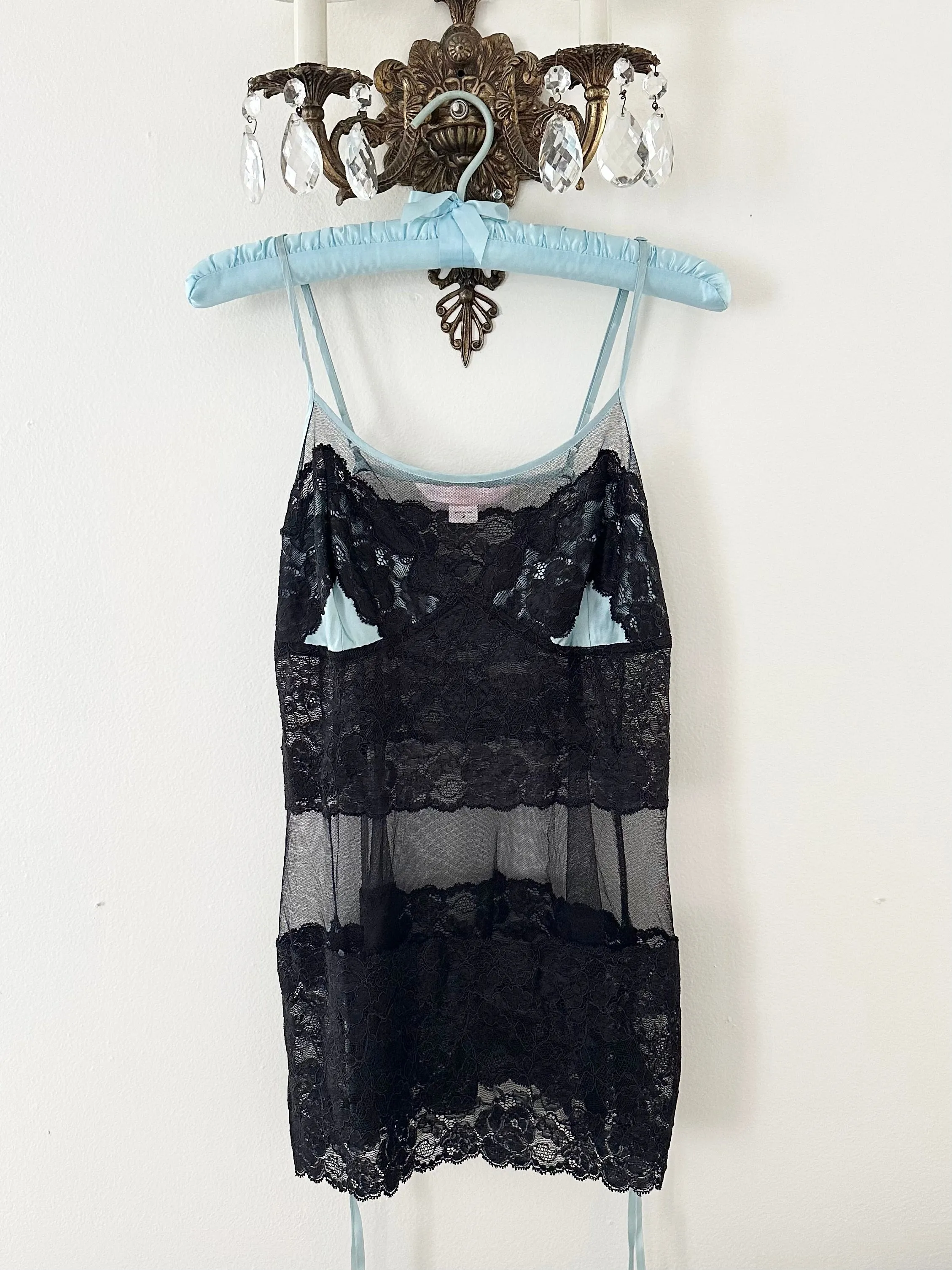 Baby Blue Silk Black Lace Vintage Victoria's Secret Slip Dress (S)