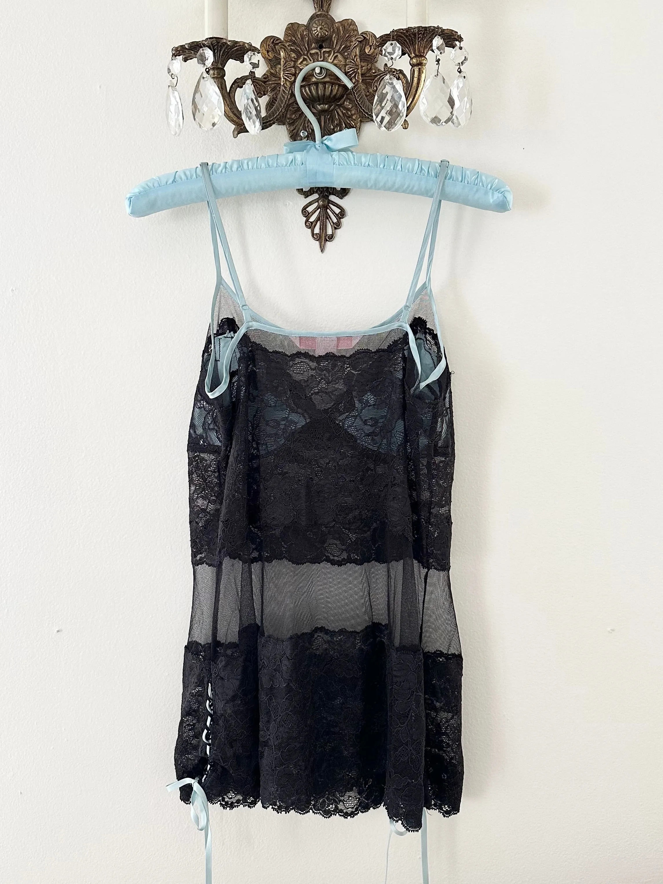 Baby Blue Silk Black Lace Vintage Victoria's Secret Slip Dress (S)