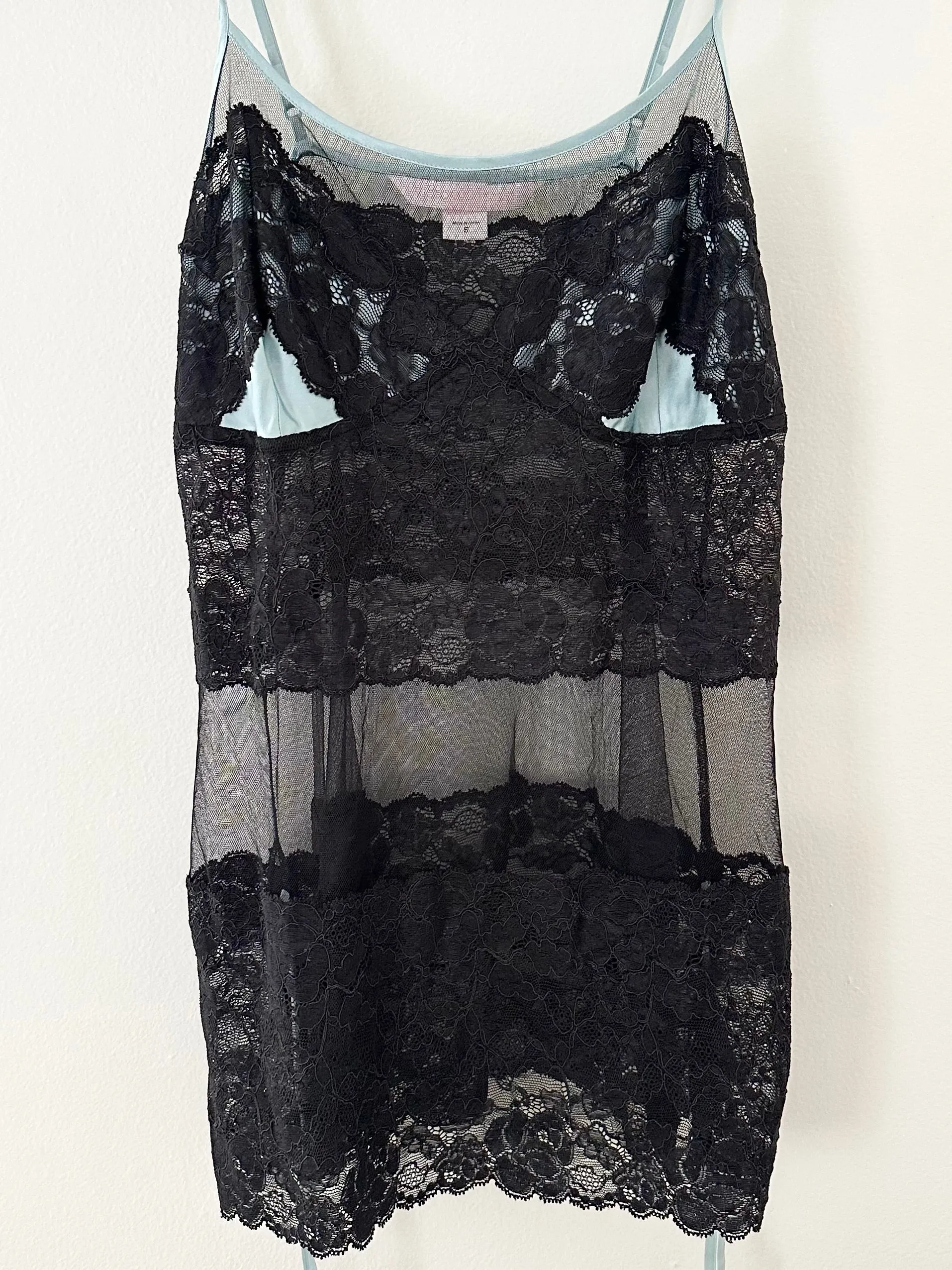 Baby Blue Silk Black Lace Vintage Victoria's Secret Slip Dress (S)