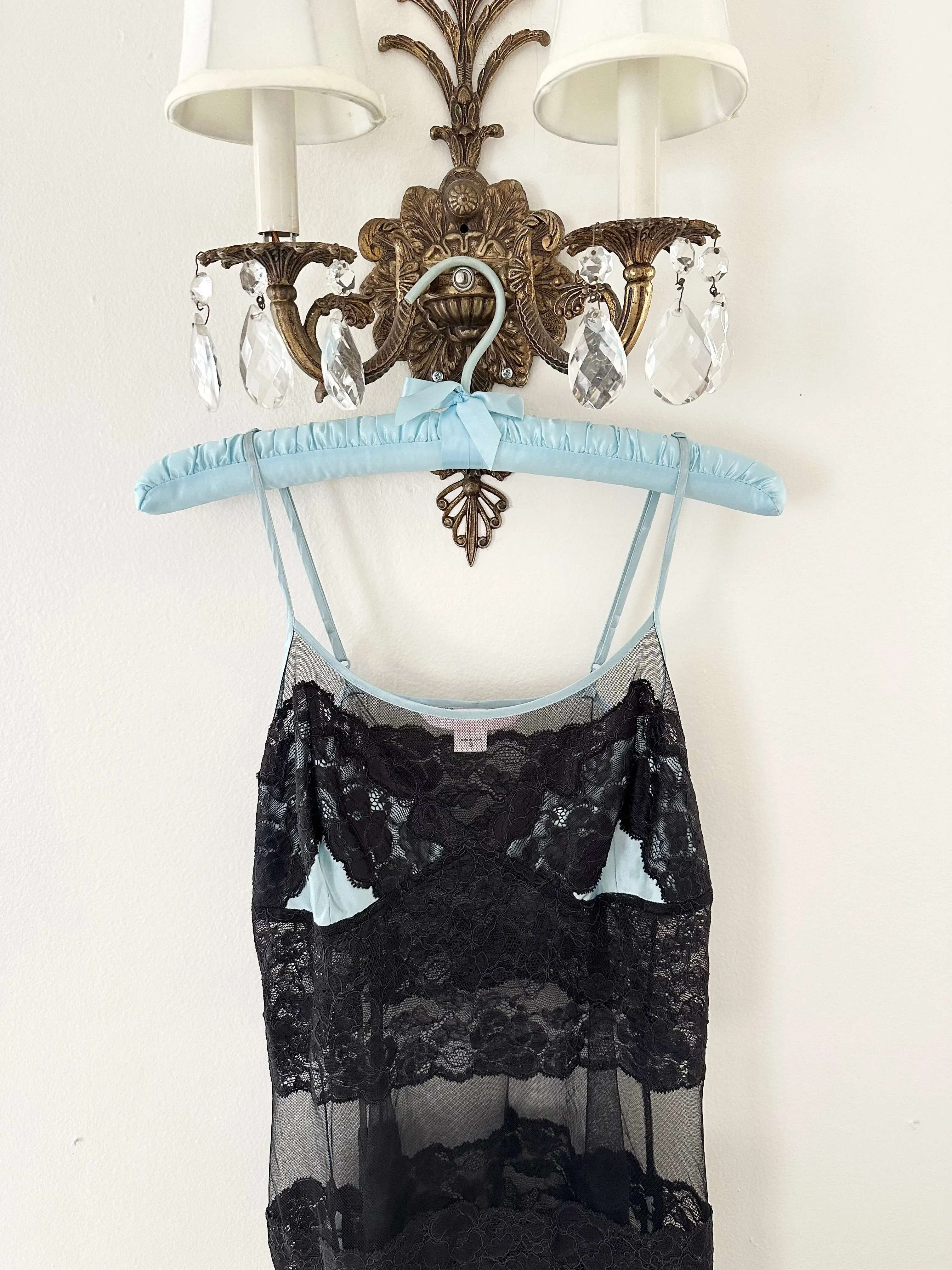 Baby Blue Silk Black Lace Vintage Victoria's Secret Slip Dress (S)