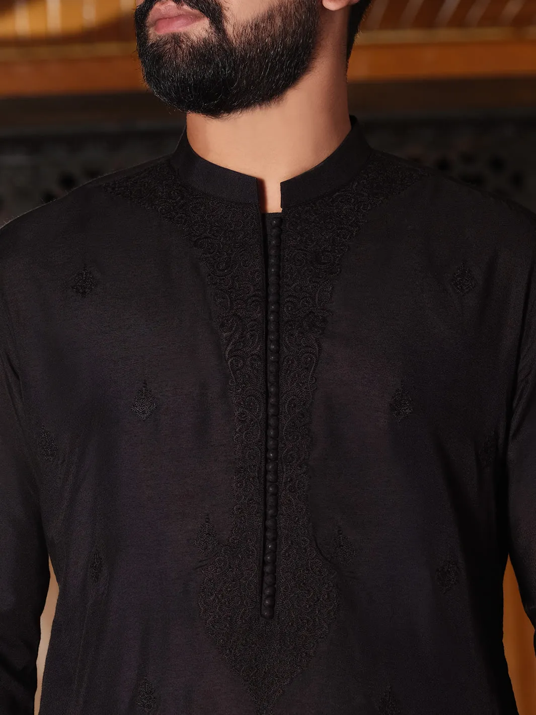 Black Cotton Silk Formal Kurta - AL-K-SP-025