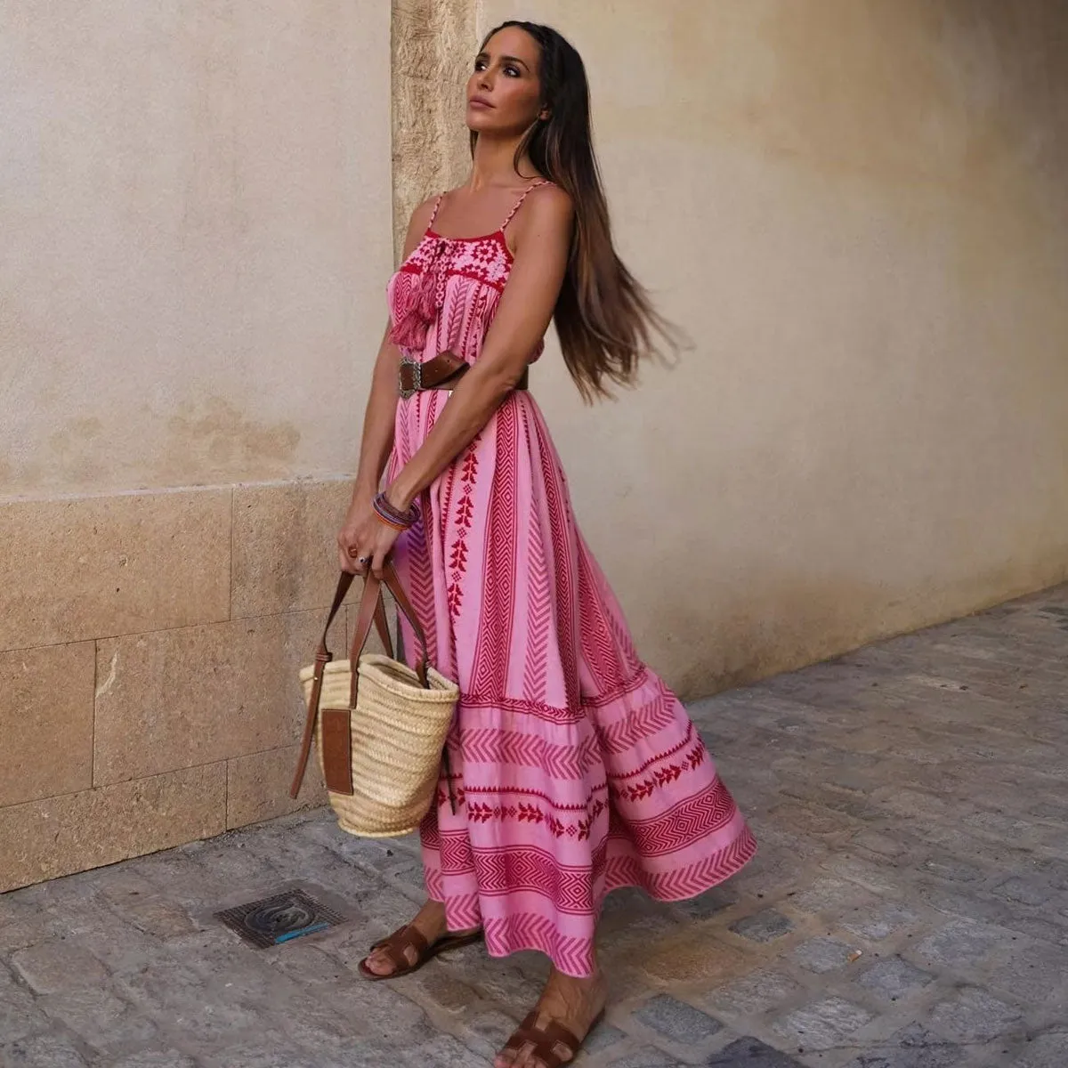 Boho Geometric Embroidered Granny Square Crochet Knit Maxi Sundress