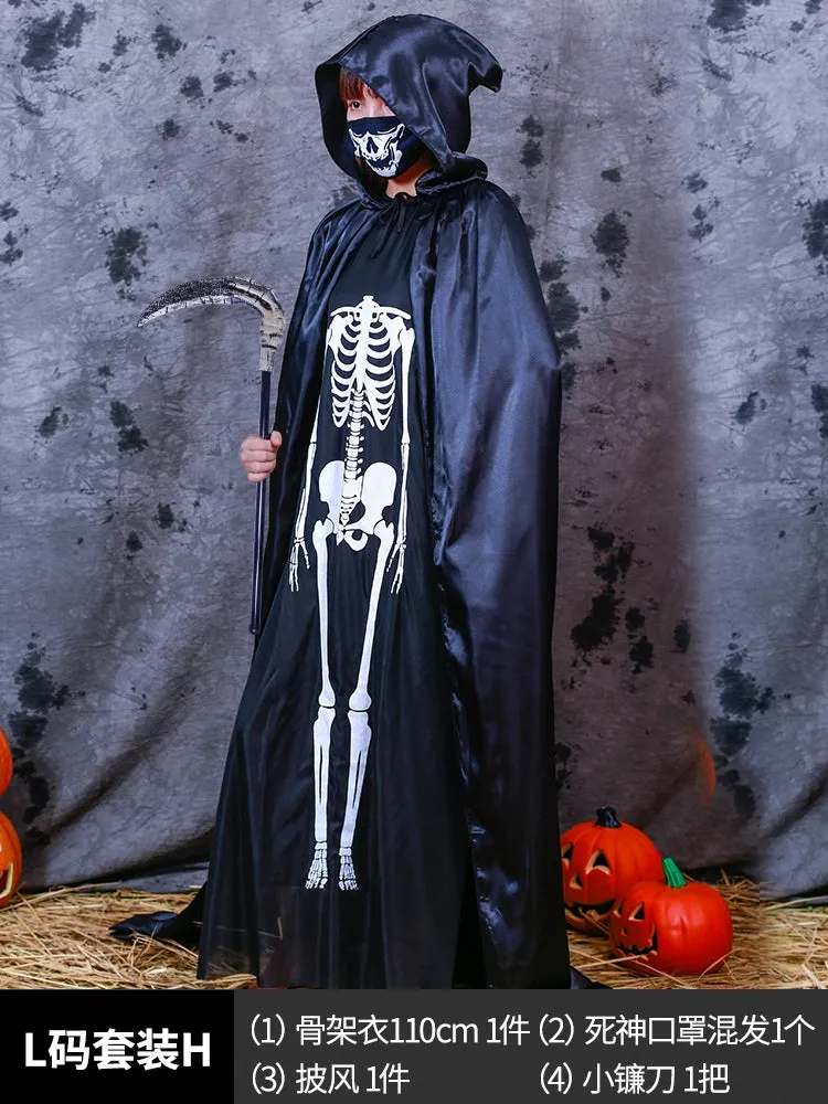 Boys' Horror Dress-Up Cape: Black Death and Skeleton Costume