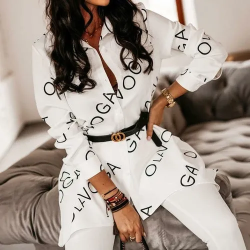 Casual Asymmetrical Women Blouse Long Sleeve Printed Letters Famale