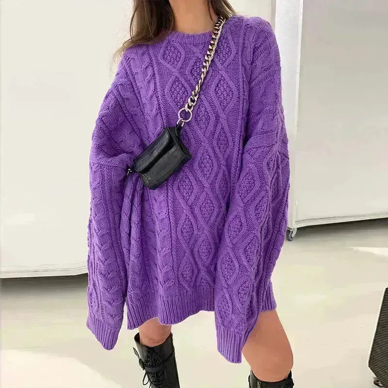 Casual Oversize Hip pop style Round neck Knitted Twist Sweater dress