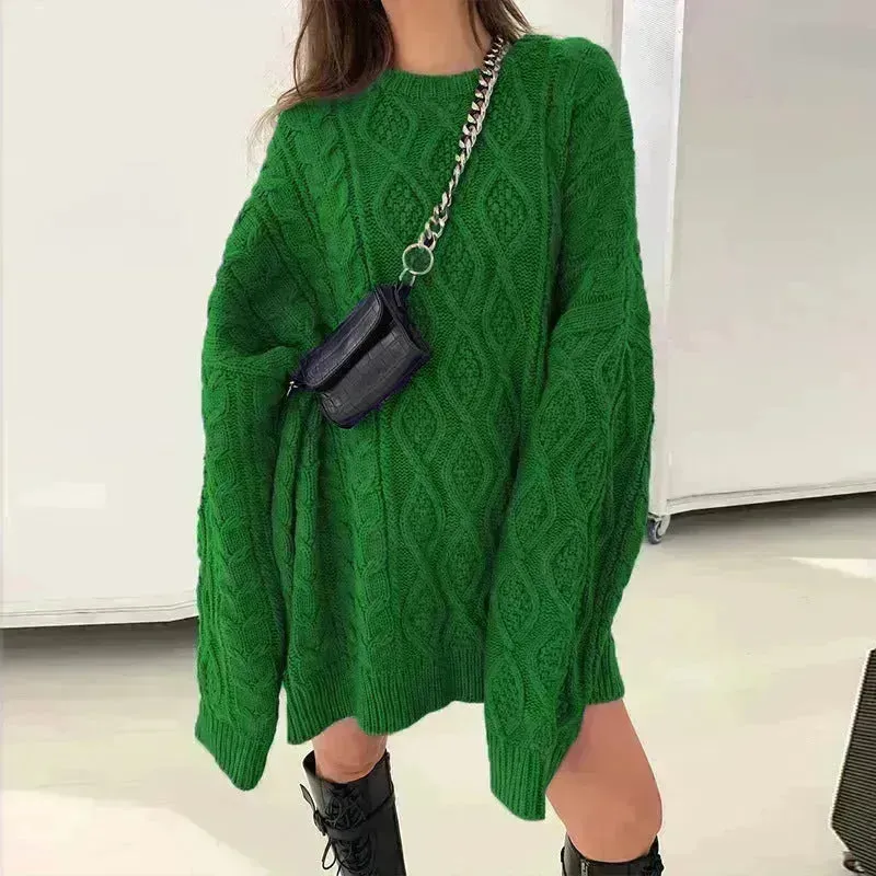 Casual Oversize Hip pop style Round neck Knitted Twist Sweater dress