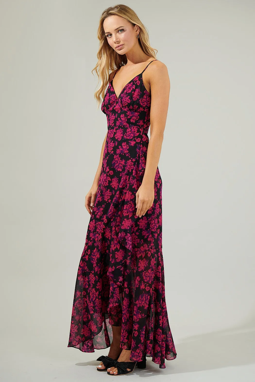 Catherine Pink Floral Ruffle Maxi Dress