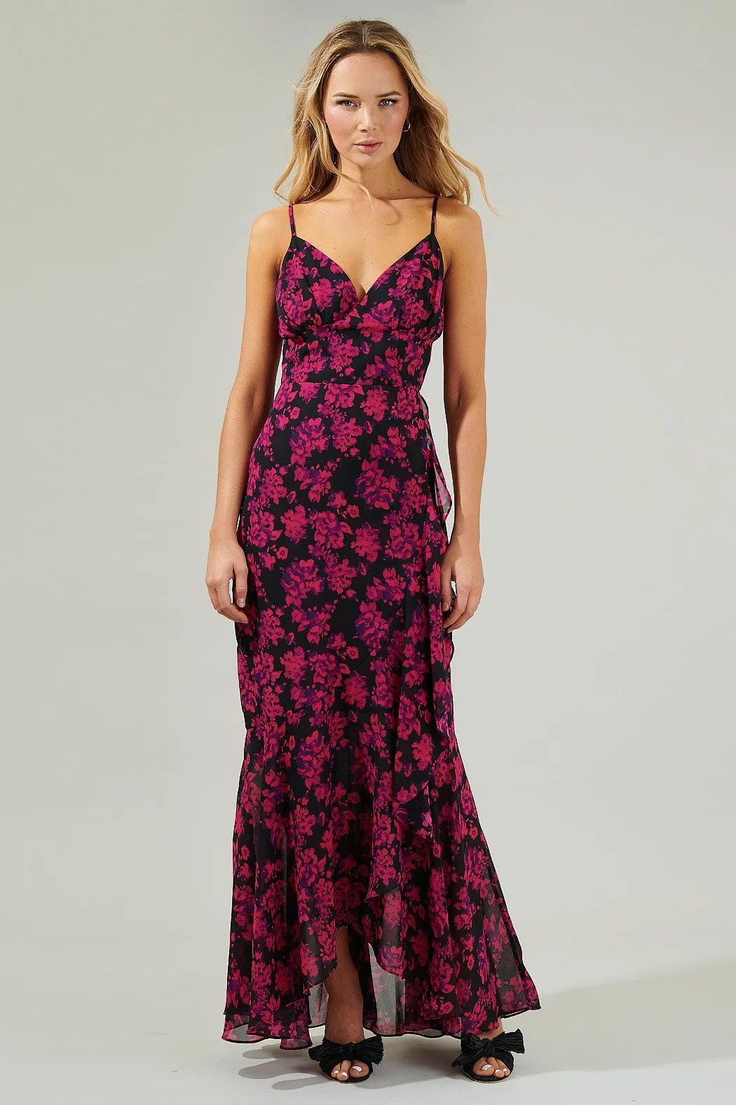 Catherine Pink Floral Ruffle Maxi Dress