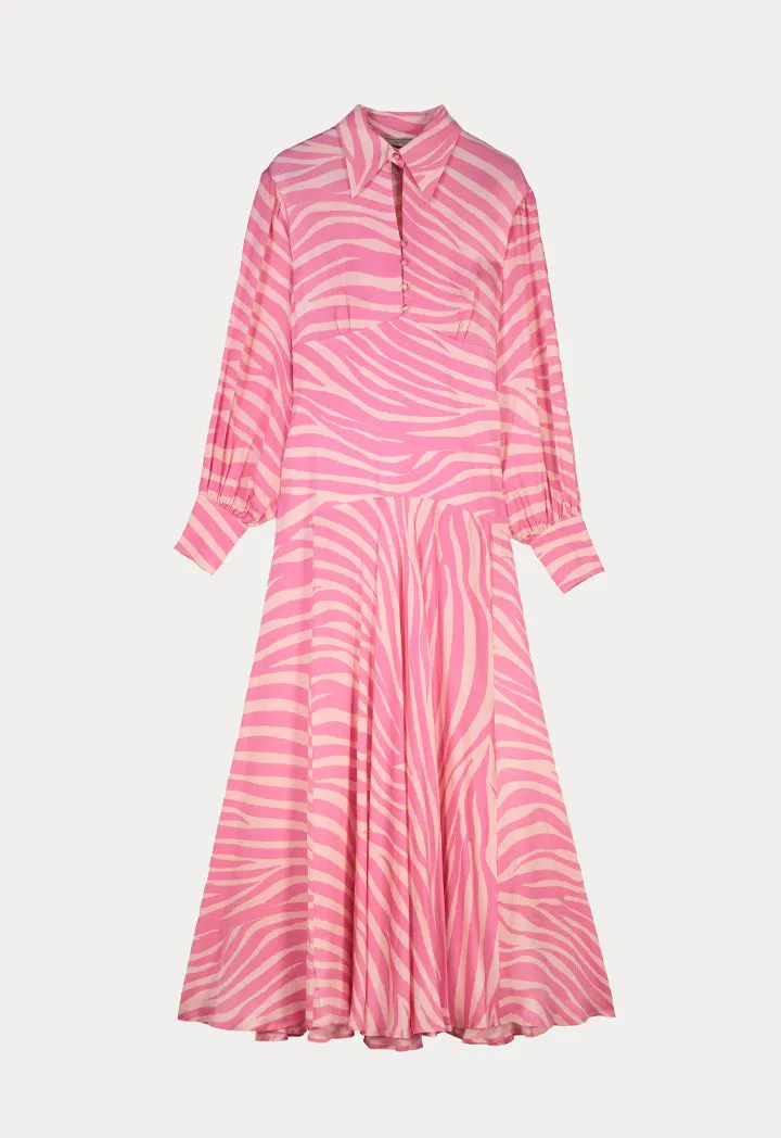 Choice Sleeved Collared Tiered Printed Dress-Ramadan Style Fuchsia/Light Pink