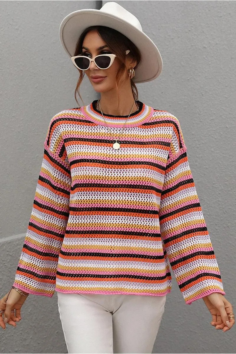 COLOR STRIPE KNIT PULL OVER SWEATER TOP