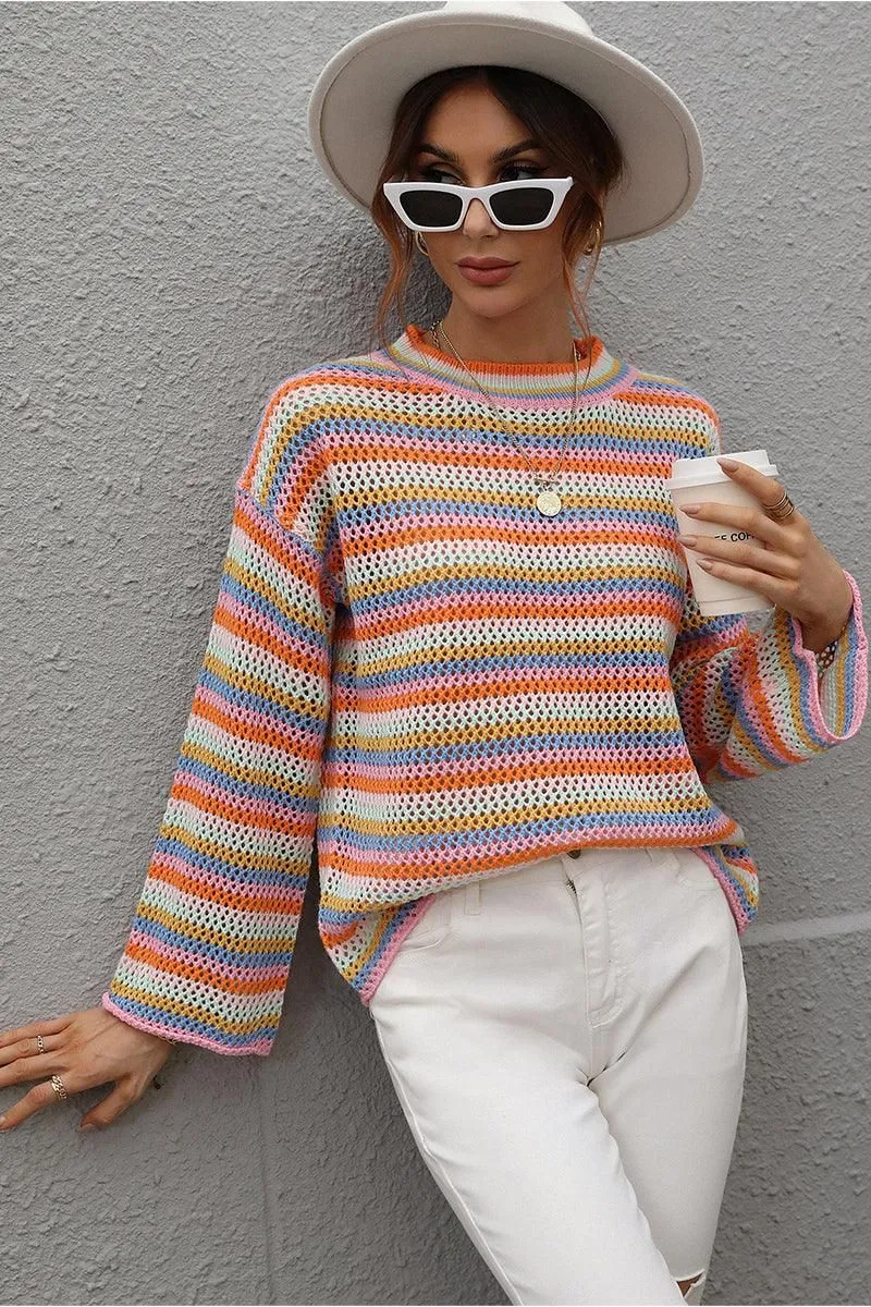 COLOR STRIPE KNIT PULL OVER SWEATER TOP