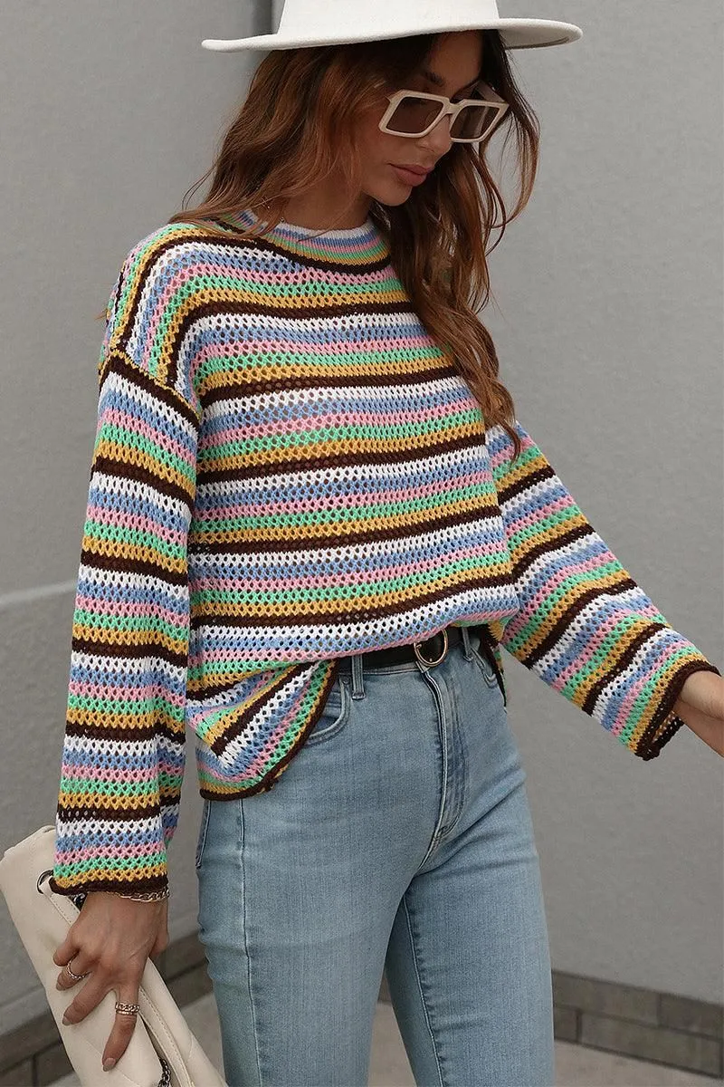 COLOR STRIPE KNIT PULL OVER SWEATER TOP