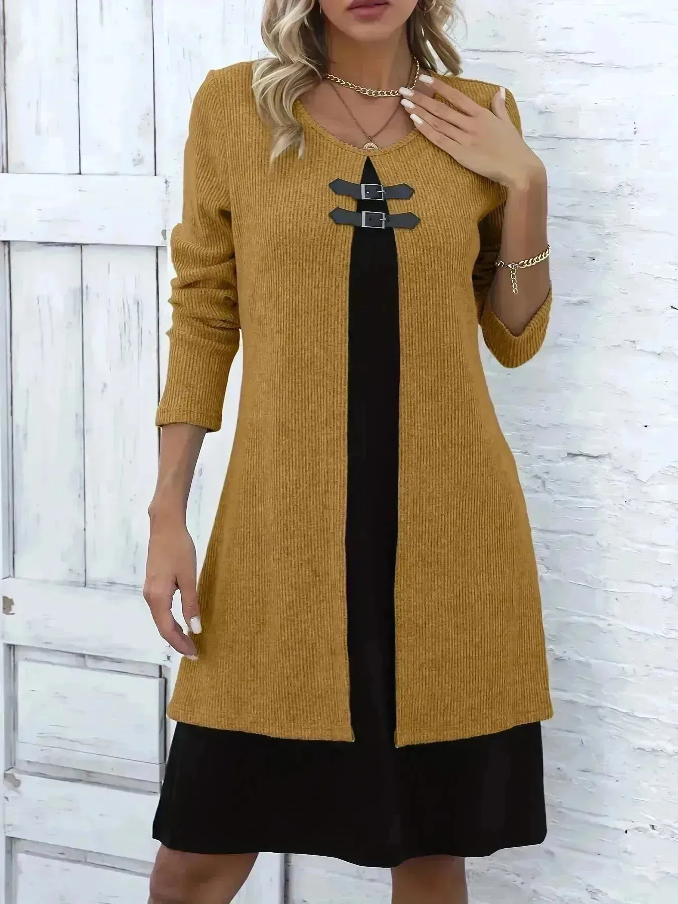 Contrast Color Buckled Round Neck Fashion Winter Sweater Dress