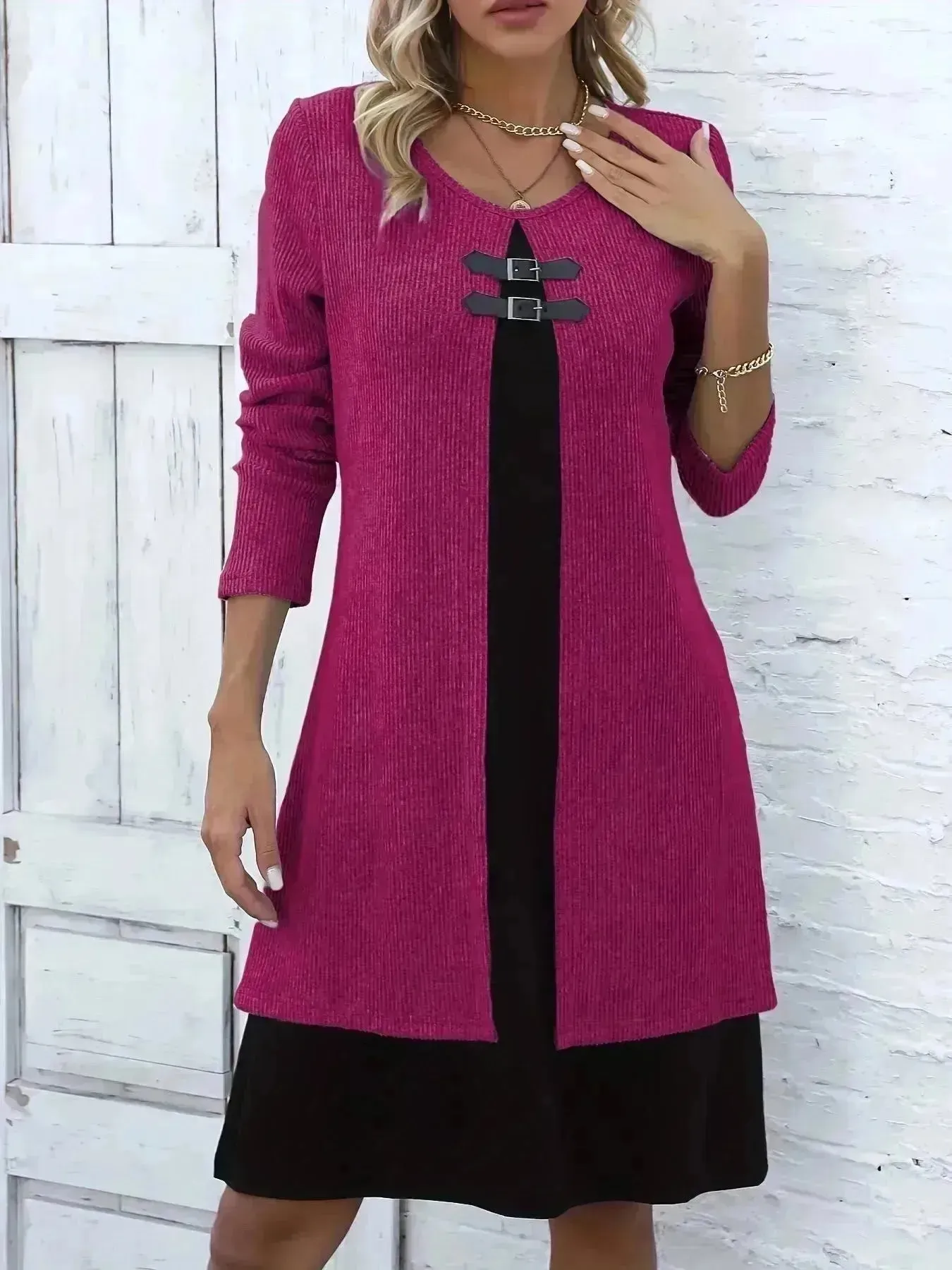 Contrast Color Buckled Round Neck Fashion Winter Sweater Dress