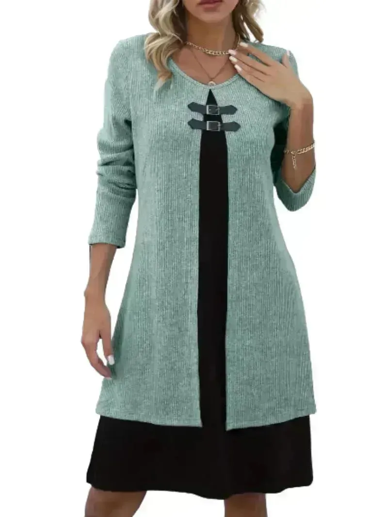 Contrast Color Buckled Round Neck Fashion Winter Sweater Dress