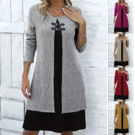 Contrast Color Buckled Round Neck Fashion Winter Sweater Dress