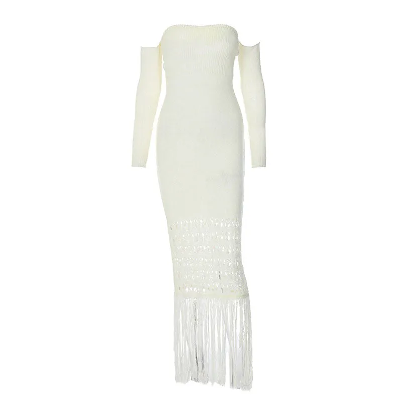 Elegant Off Shoulder Crochet Ripped Semi Sheer Fringe Knit Maxi Dress