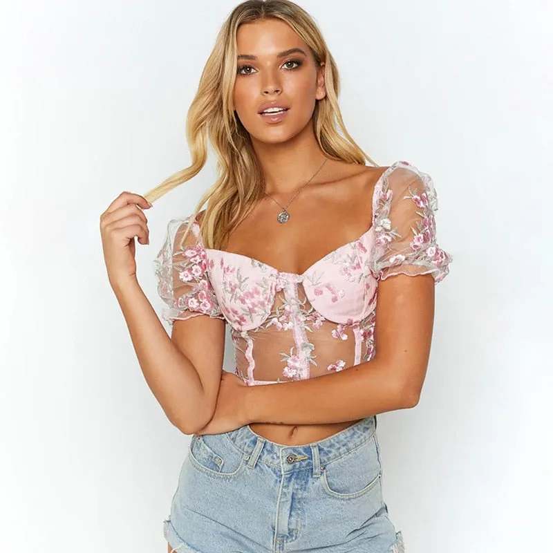 Floral Bubble Puff Sleeve Backless Sheer Mesh Women Crop Top