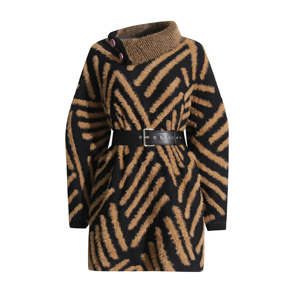 Fluffy Button Up Turtleneck Contrast Zebra Belted Oversized Sweater Mini Dress