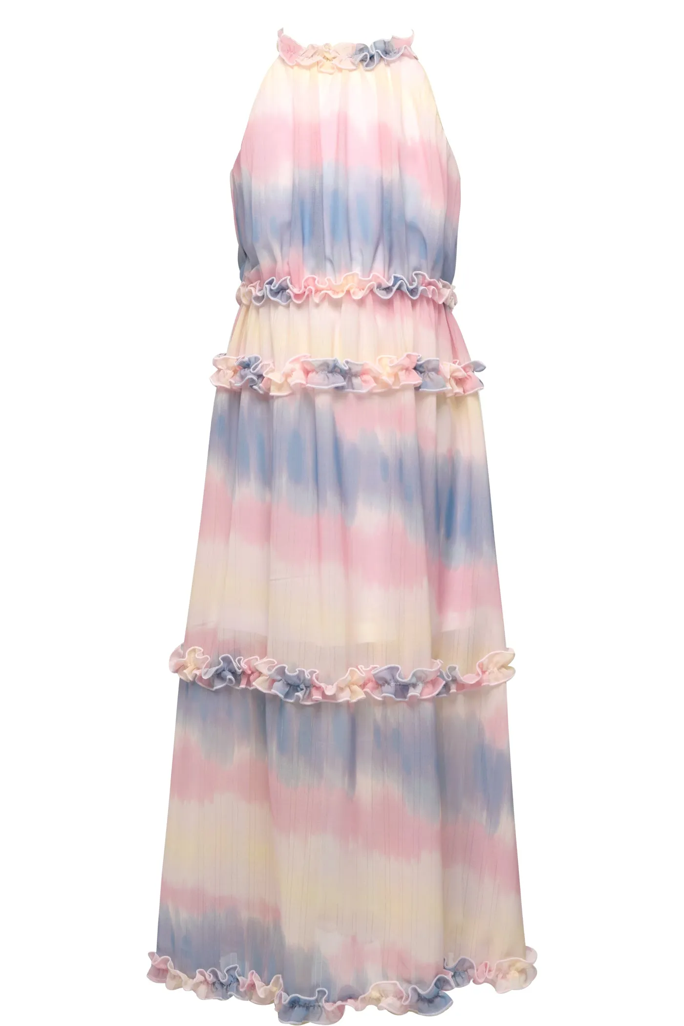 Hannah Banana Blue Tie Dye Frilled Halter Neck Chiffon Maxi Dress