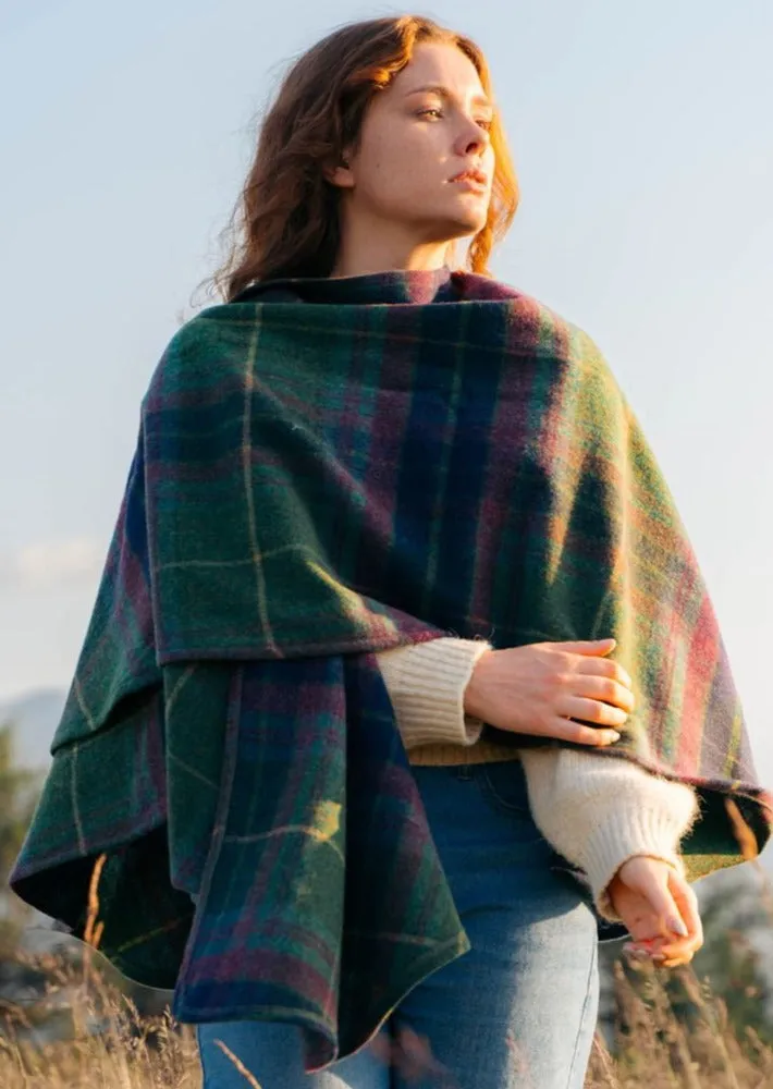 John Hanly Lambswool Cape | Green Navy Purple Plaid