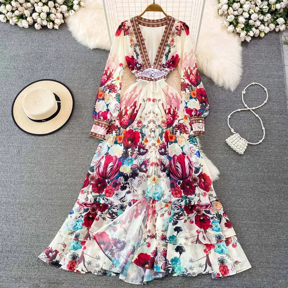 Kathy Long Sleeve Deep V-Neck Chiffon Floral Maxi Dress