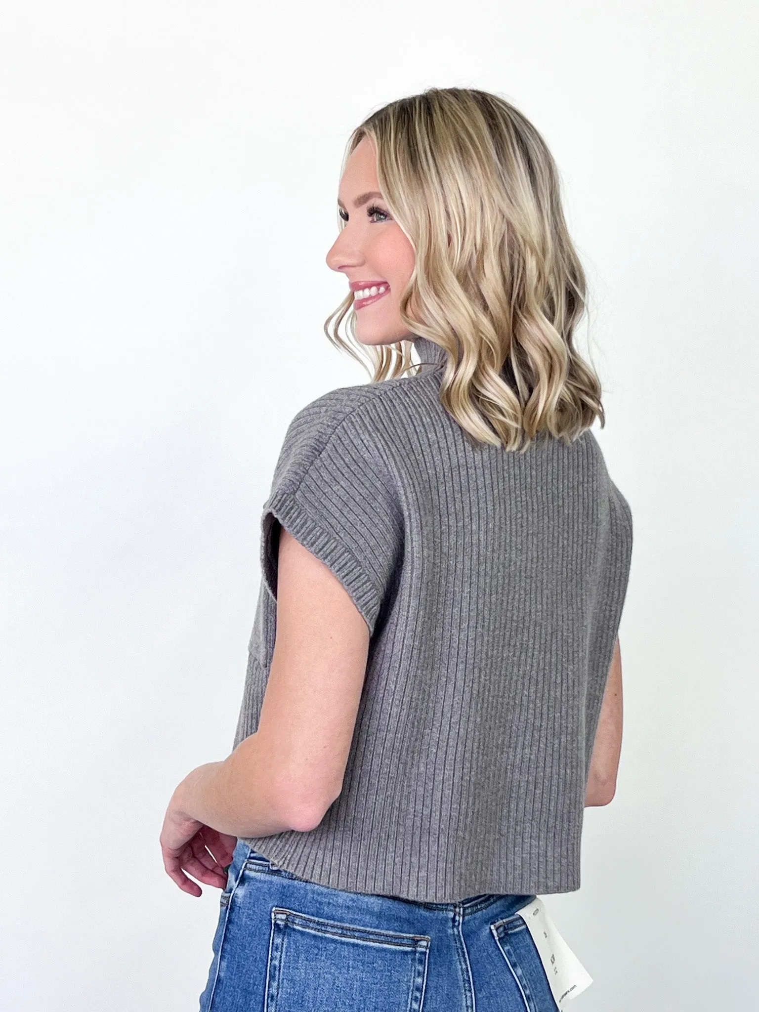 Khloe - Knit Mock Neck Top w/ Front Pocket (Charcoal)