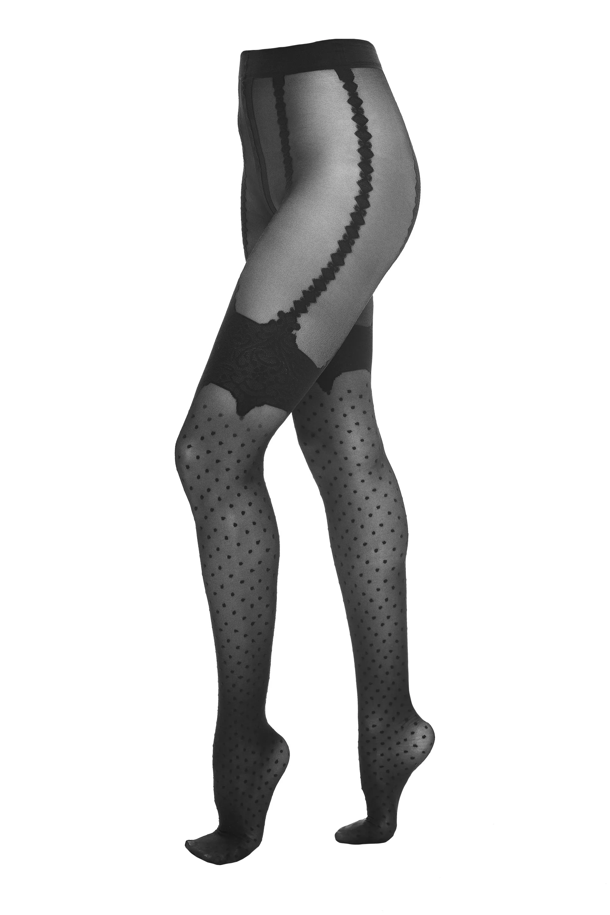 Kotek T008 Black 20 Den Pantyhose with Polka Dots and Mock Garter