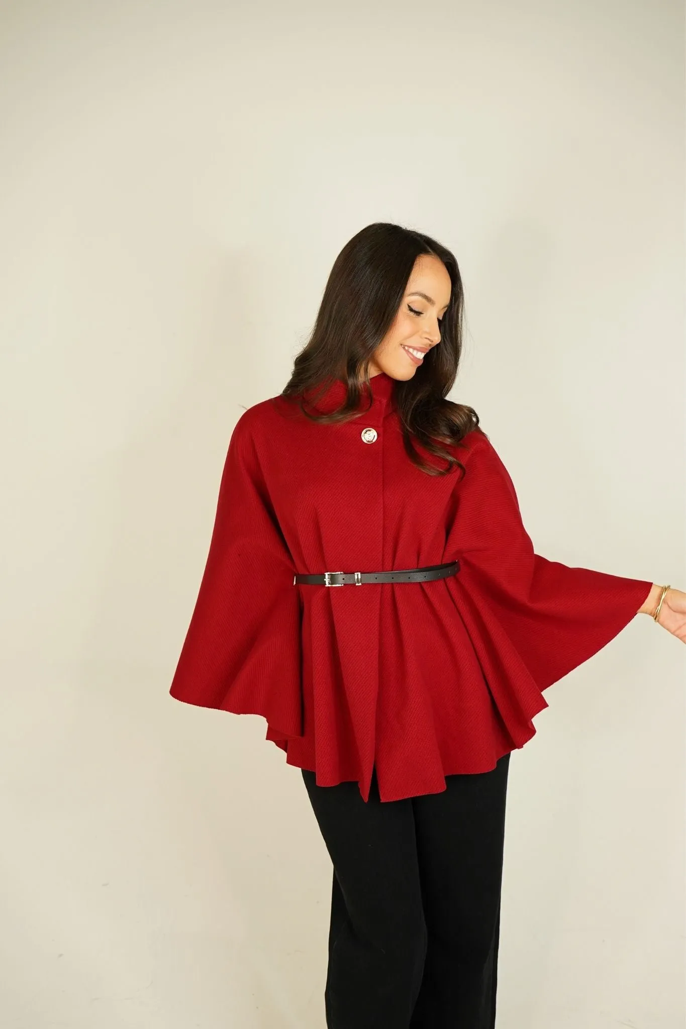 Leah Belted Cape Jacket In Burgundy