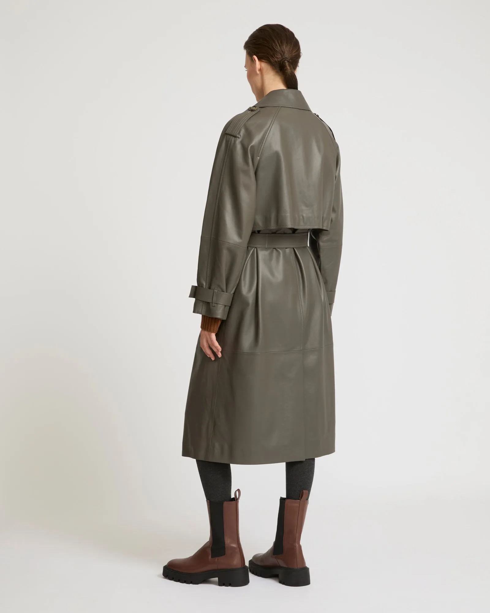 Long belted trench coat in lamb leather