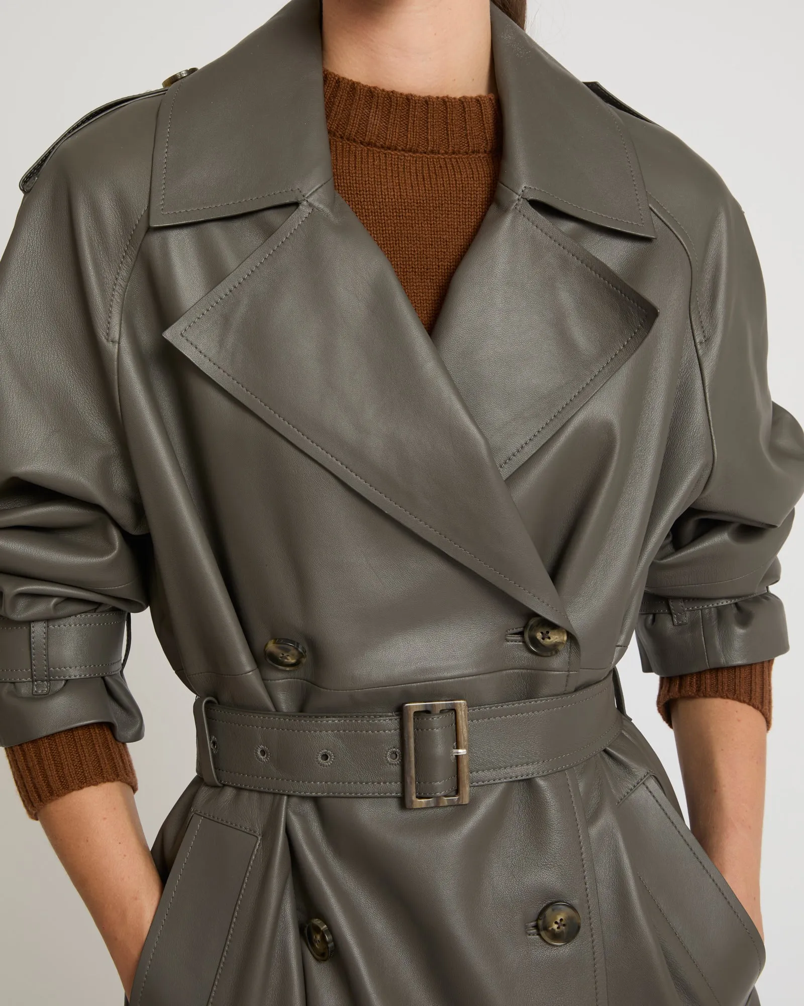 Long belted trench coat in lamb leather