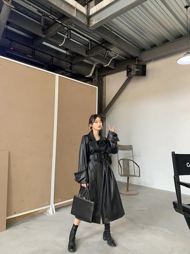 Long Faux Leather Trench with large Cuffs