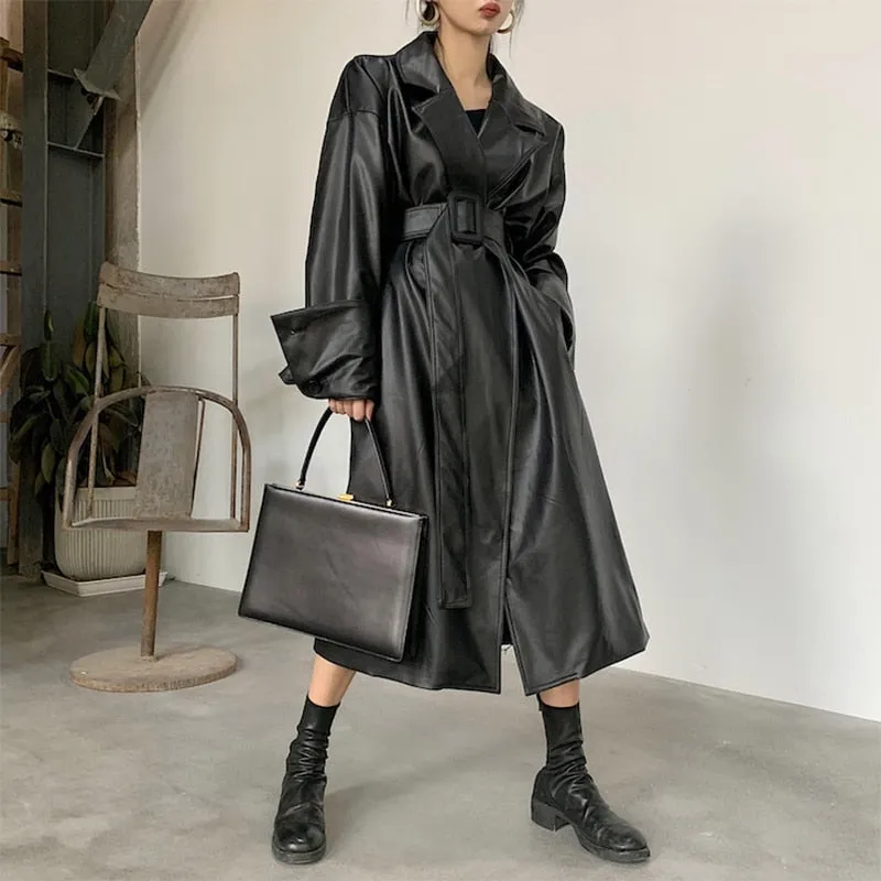 Long Faux Leather Trench with large Cuffs