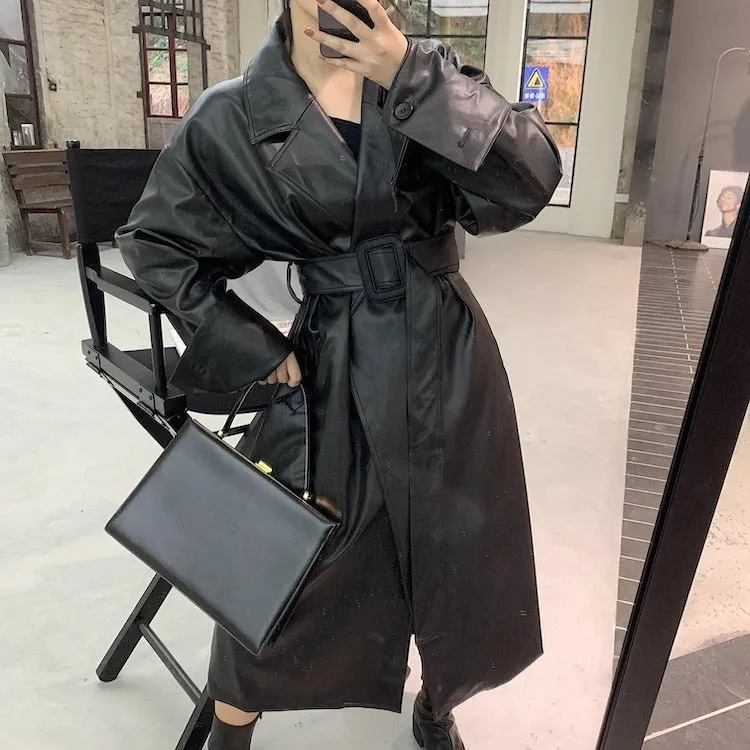 Long Faux Leather Trench with large Cuffs