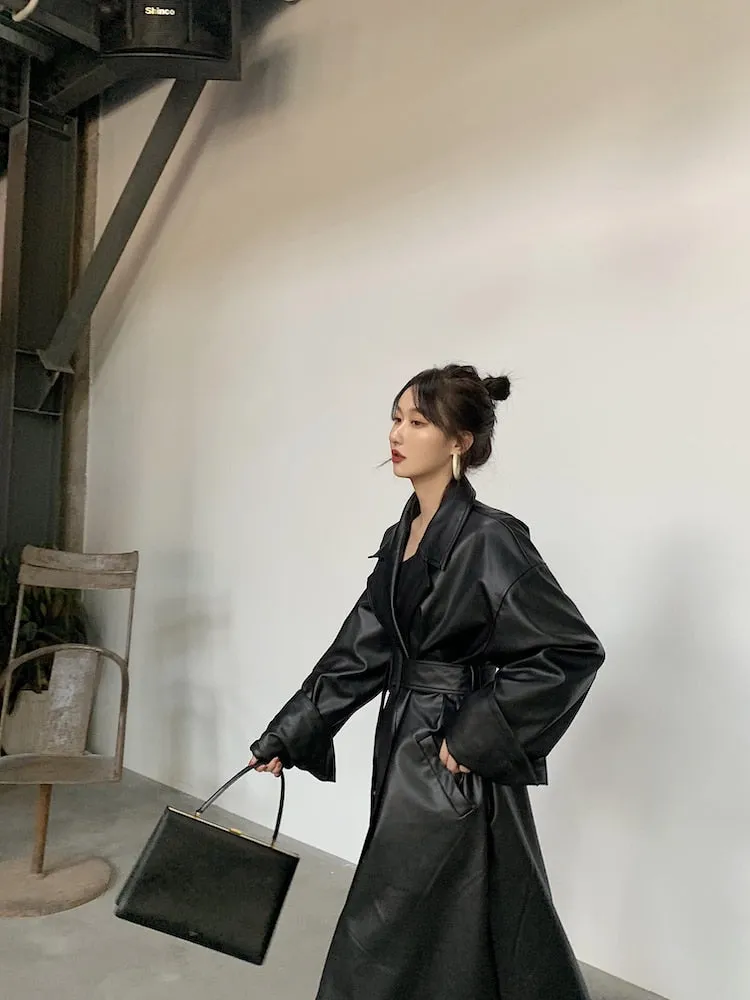 Long Faux Leather Trench with large Cuffs