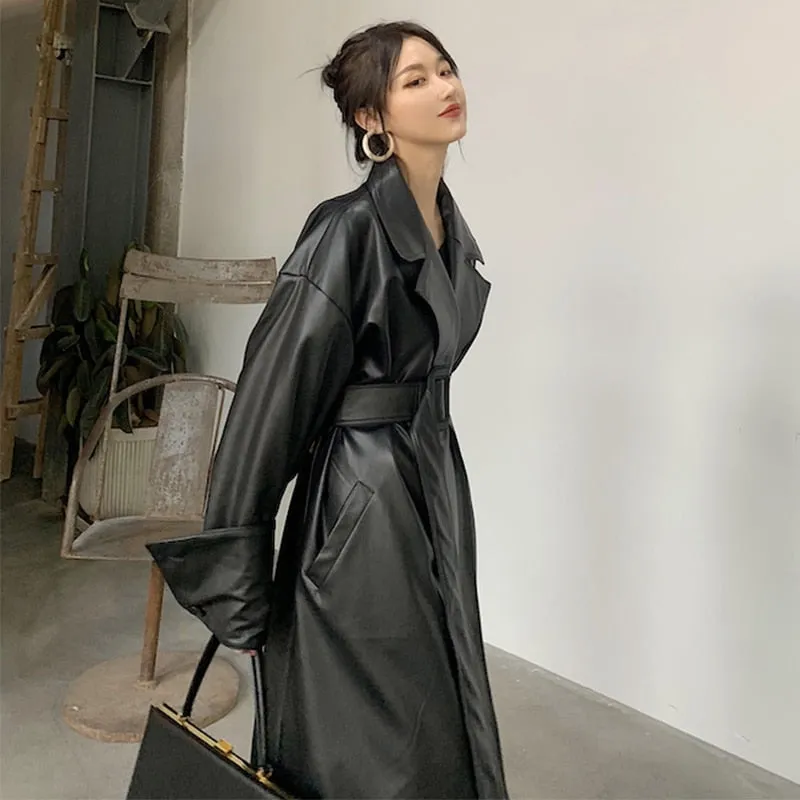 Long Faux Leather Trench with large Cuffs