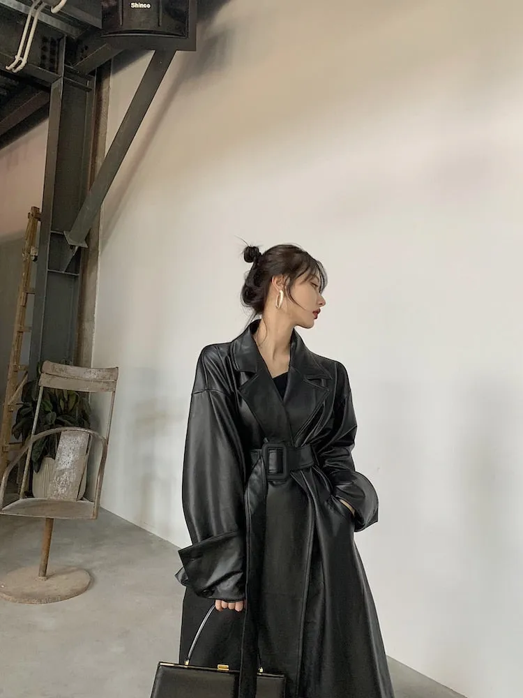 Long Faux Leather Trench with large Cuffs