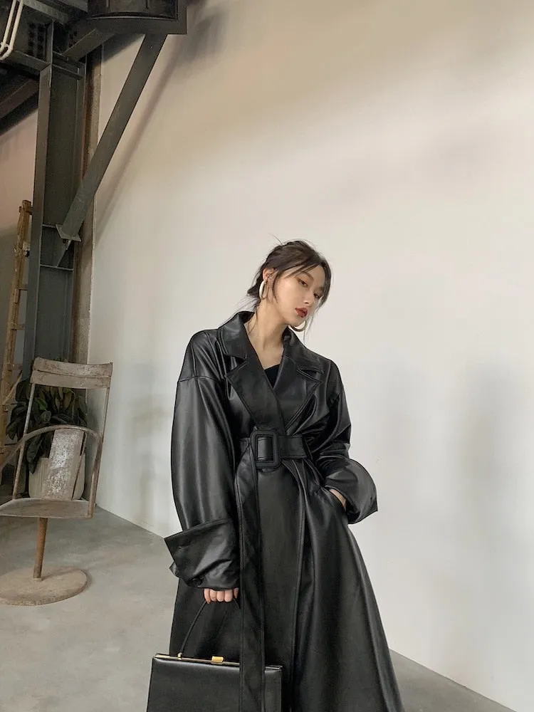 Long Faux Leather Trench with large Cuffs