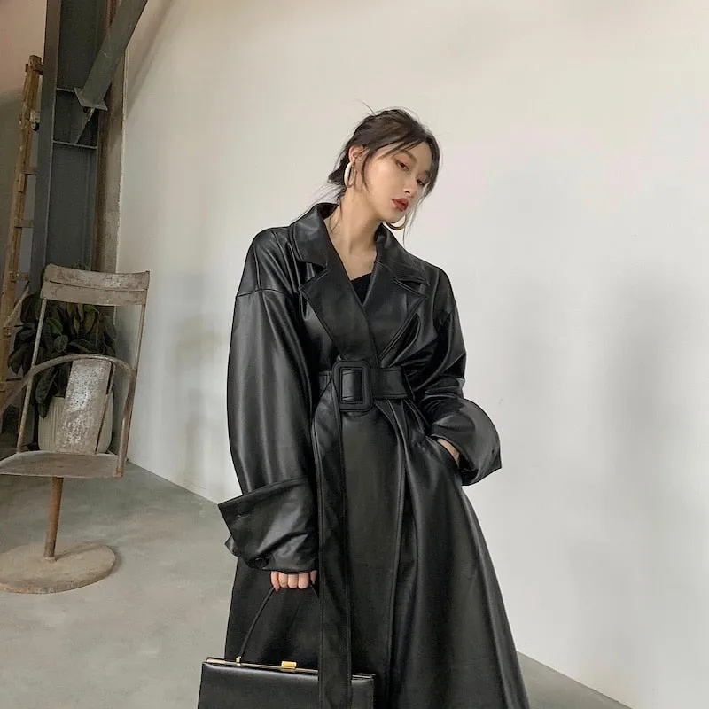 Long Faux Leather Trench with large Cuffs