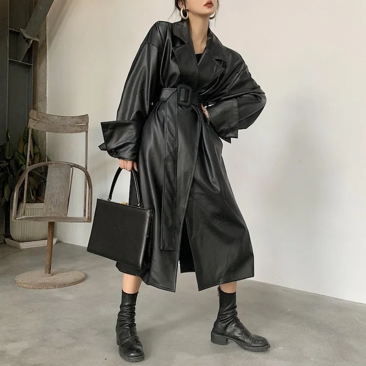 Long Faux Leather Trench with large Cuffs