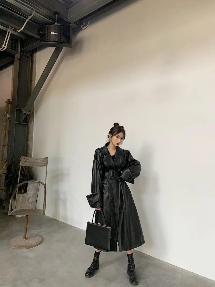 Long Faux Leather Trench with large Cuffs