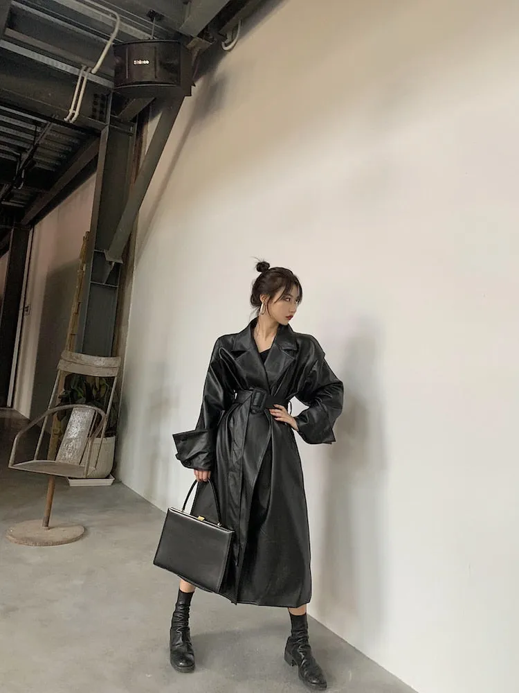 Long Faux Leather Trench with large Cuffs