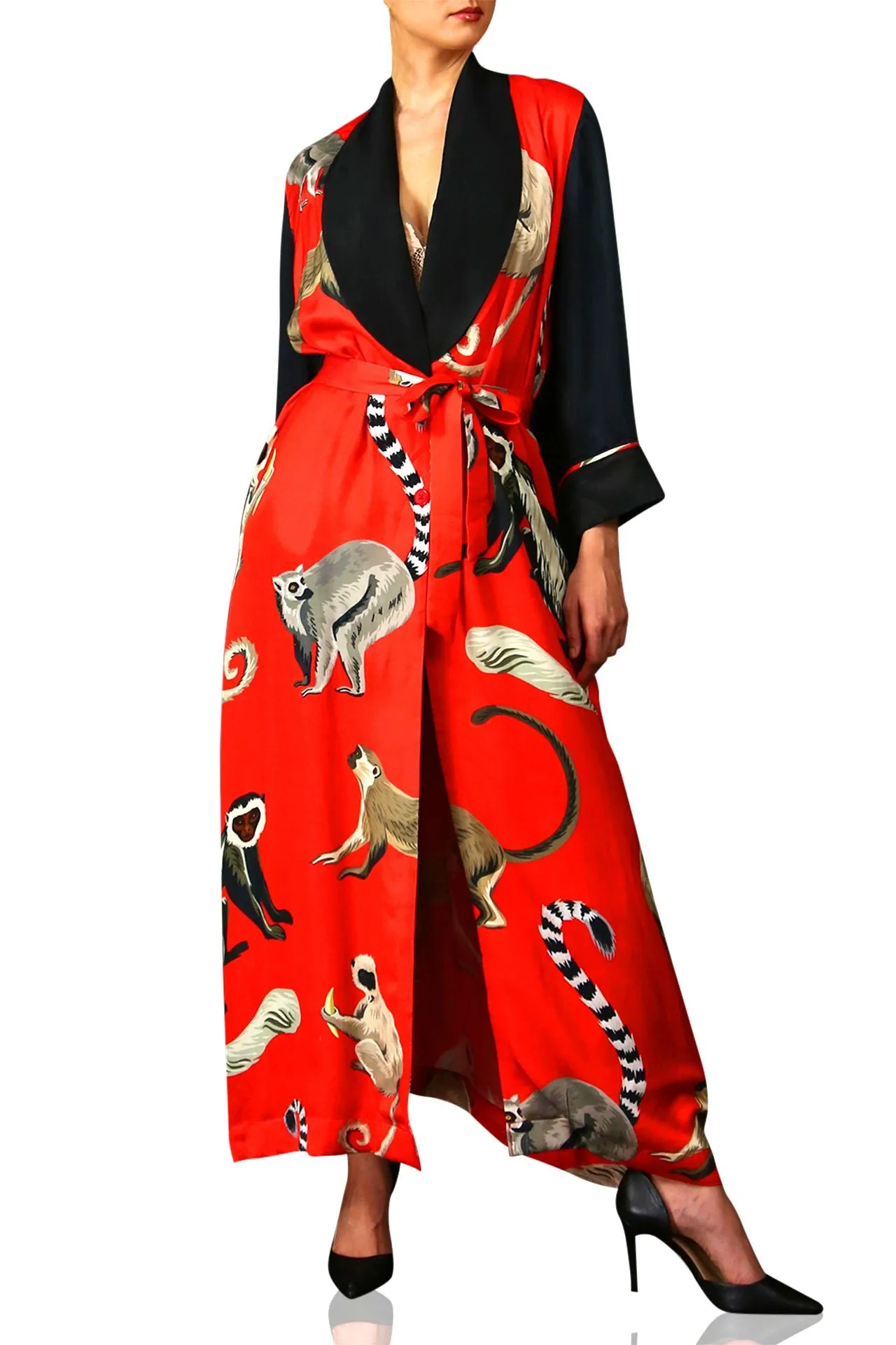 Long Printed Robe Dress Monkey Print