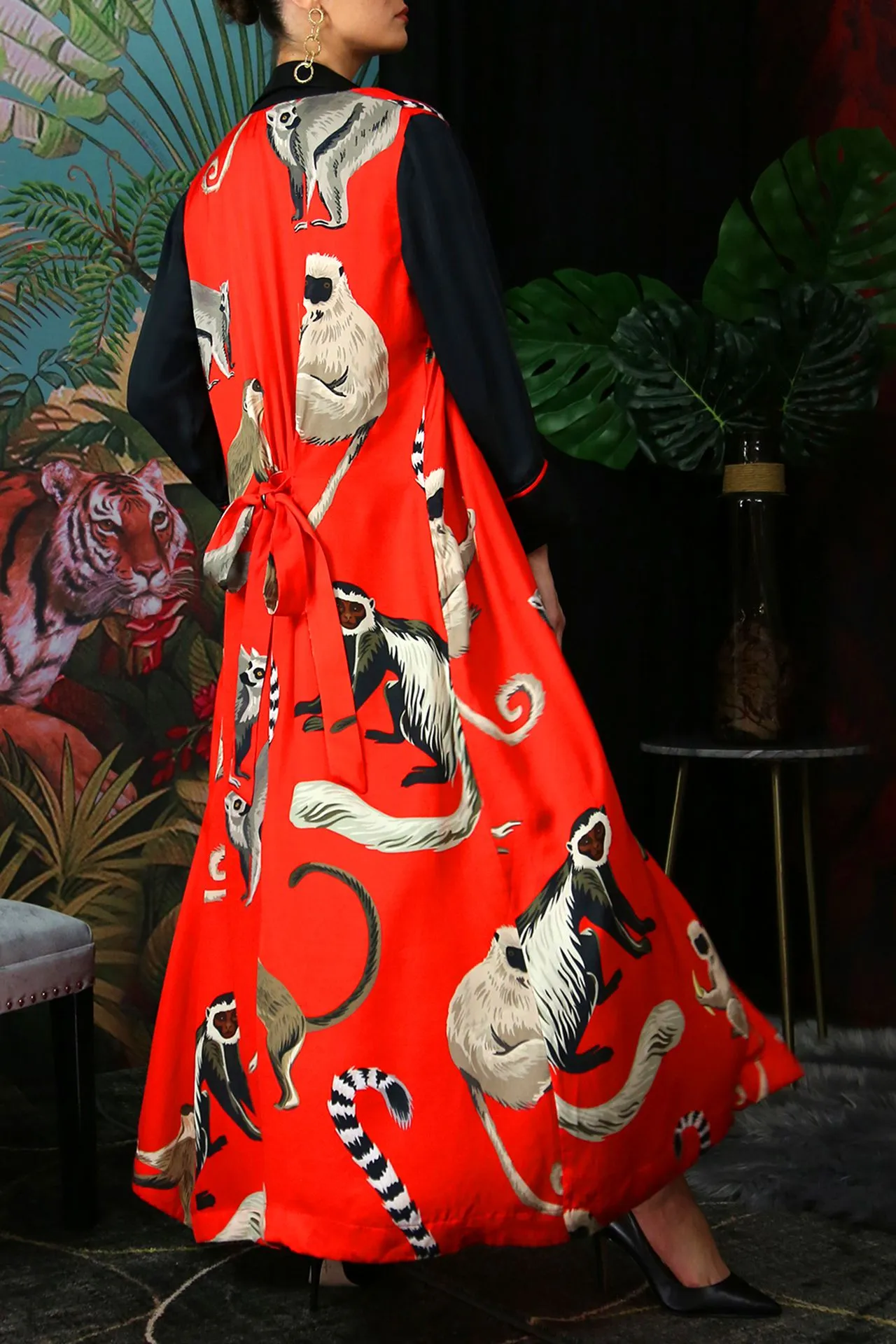 Long Printed Robe Dress Monkey Print