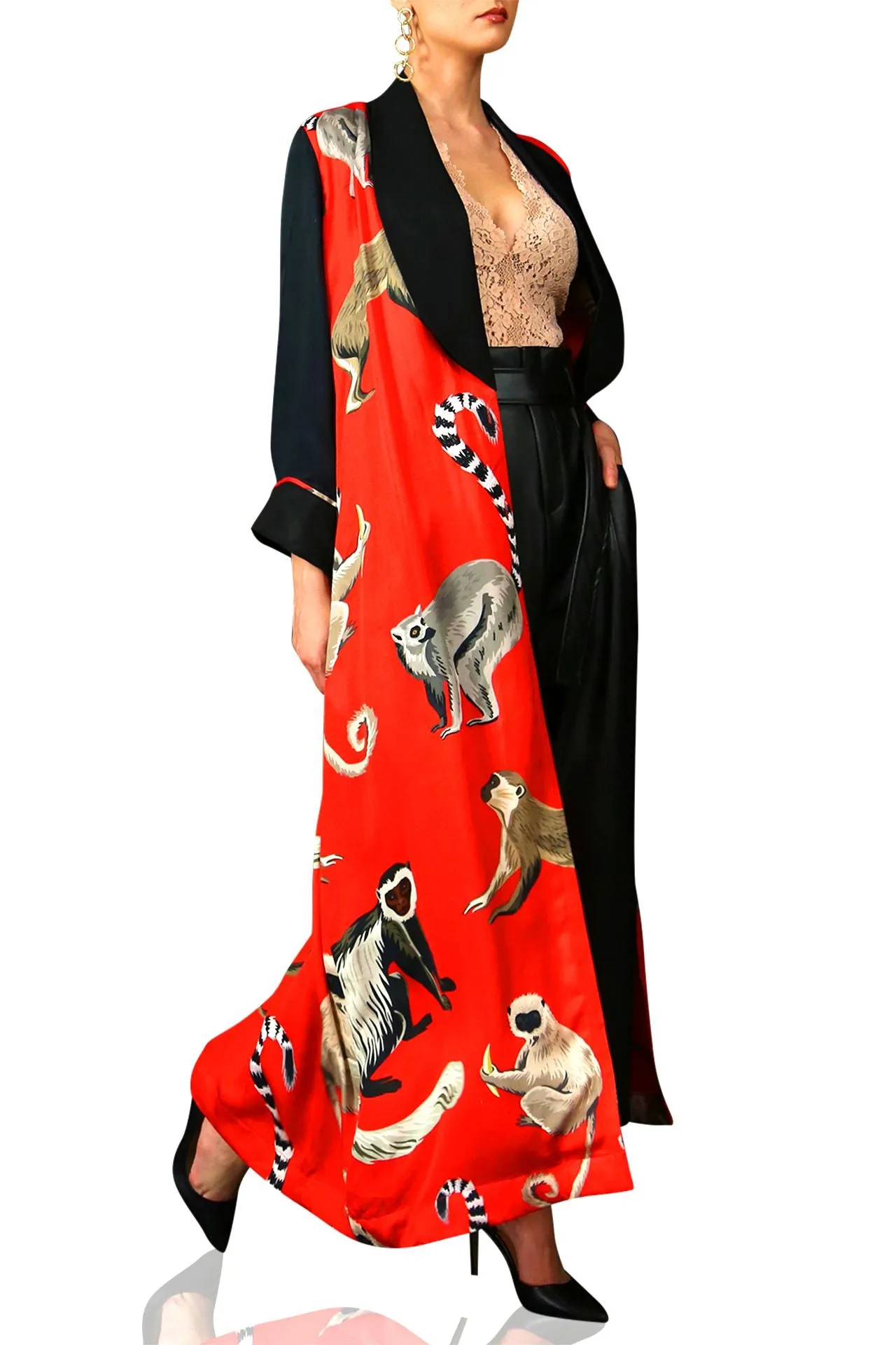 Long Printed Robe Dress Monkey Print