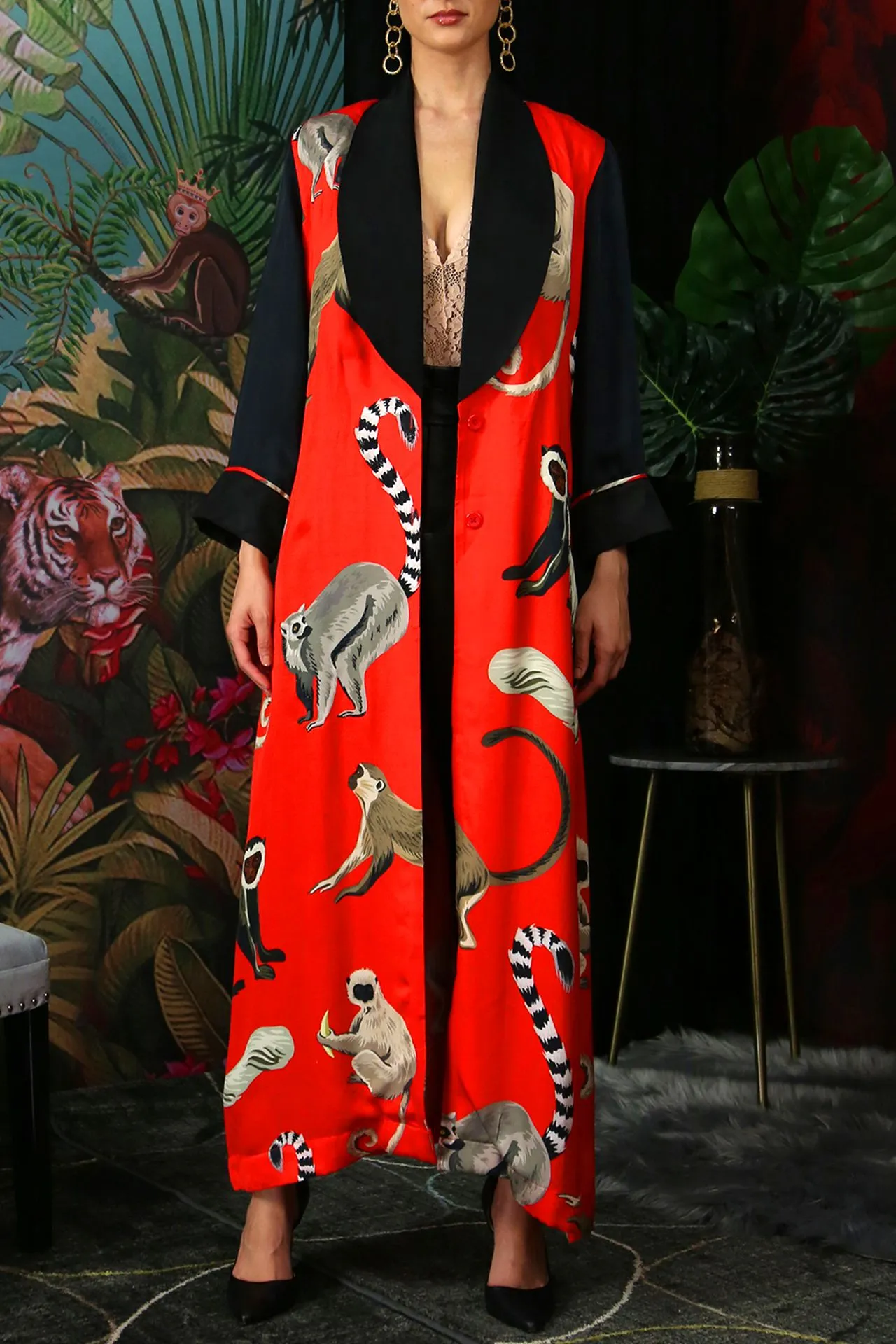 Long Printed Robe Dress Monkey Print