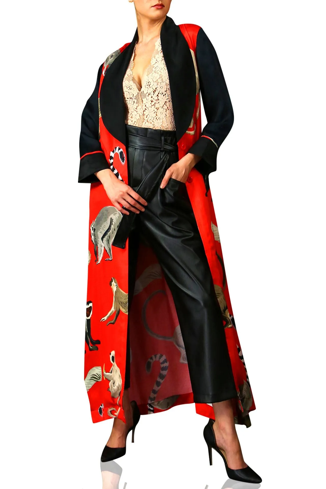 Long Printed Robe Dress Monkey Print