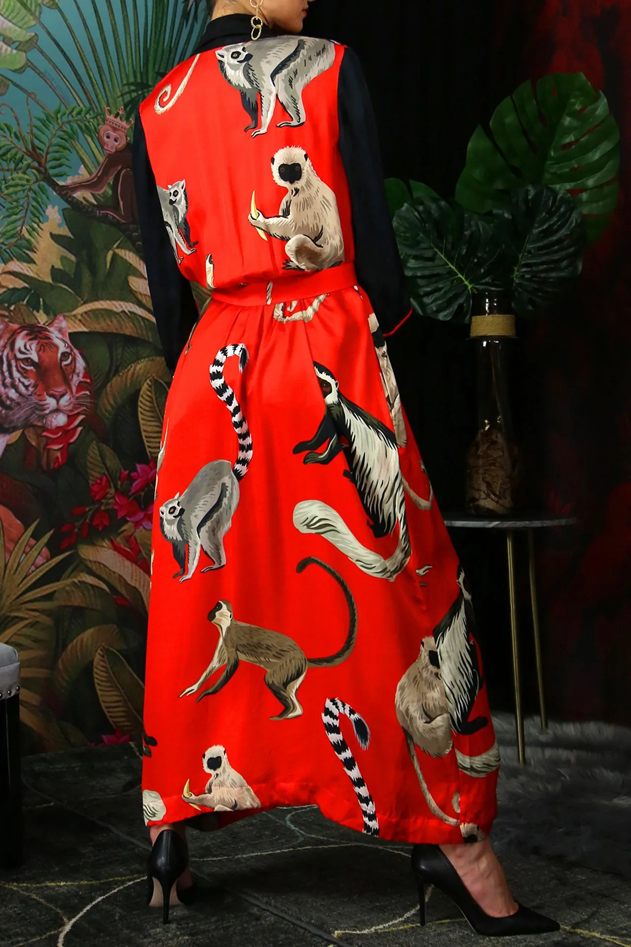 Long Printed Robe Dress Monkey Print