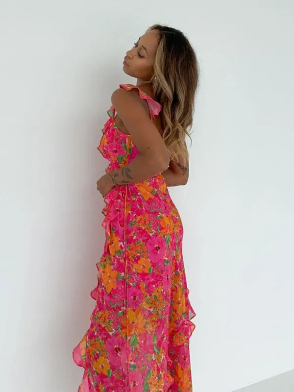 Luxurious Floral Print & Ruffles V-Neck Midi Dress